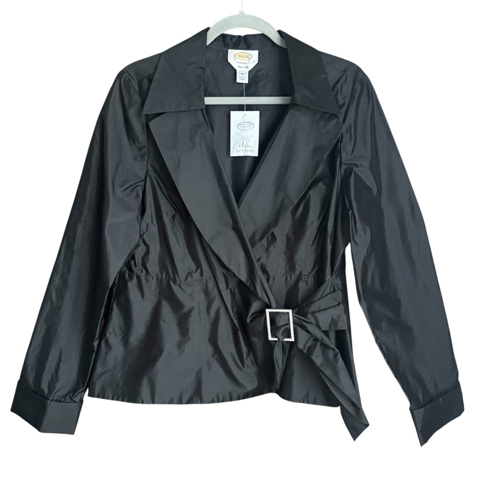 Talbots Women’s Size 16 100% Silk Wrap Blouse Black Belted Cuffed Sleeve Classic